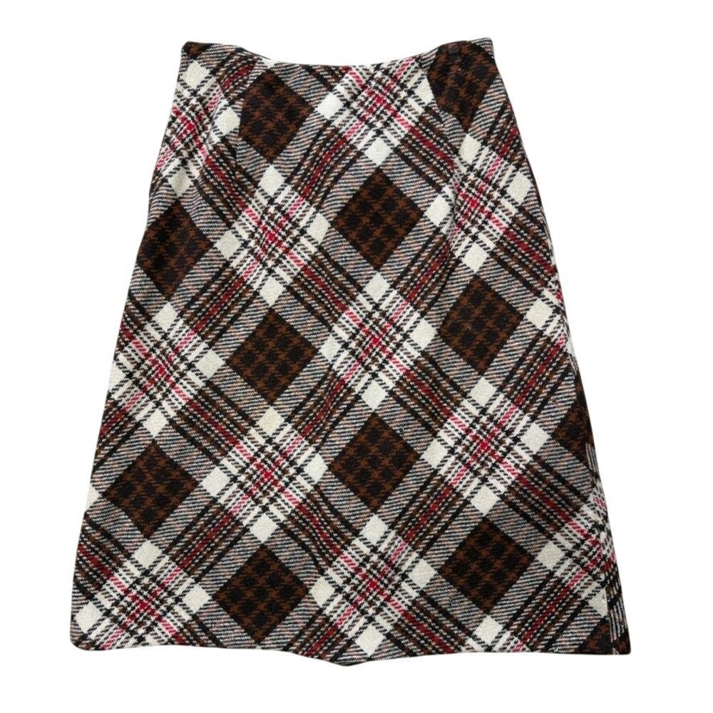 Glenbrooke 60s Vintage Wool Plaid Skirt Red Cream Brown XS